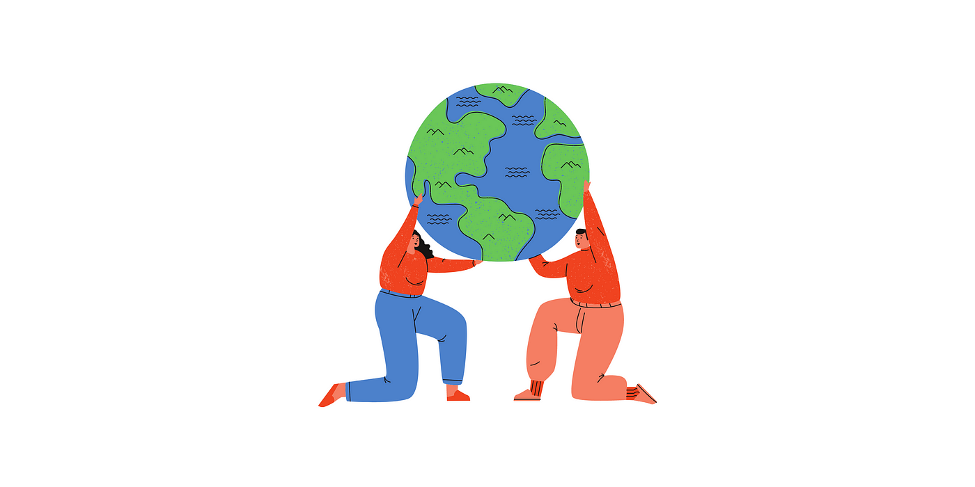 cartoon people holding up planet earth