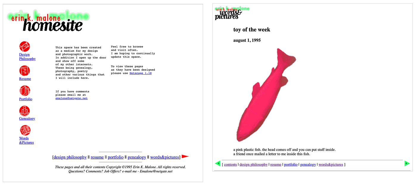 Two screens from the author’s first website in 1995.