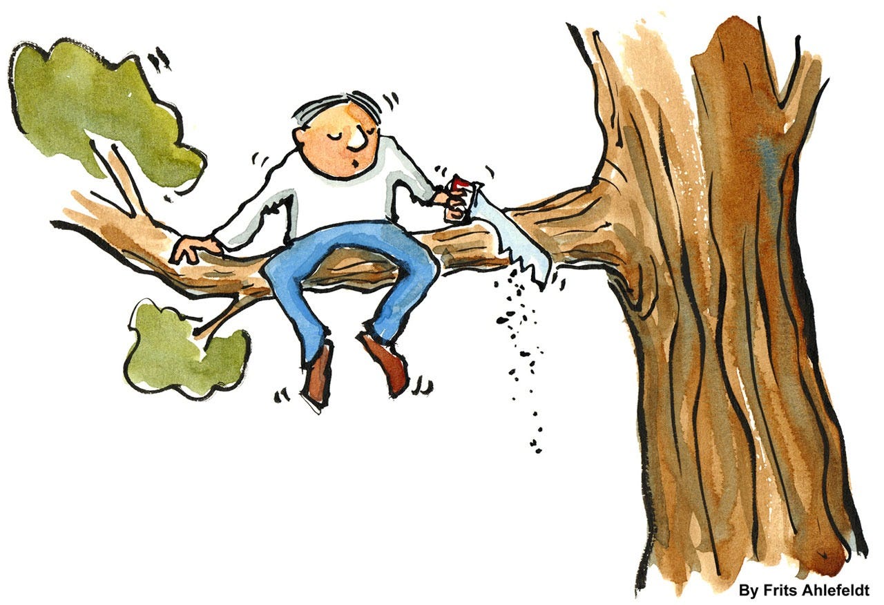 a cartoon of a guy sitting on a tree branch with a saw in his hand. he’s sawing through the branch he’s sitting on.