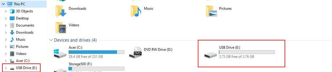 Selecting the flash drive (Drive E:)