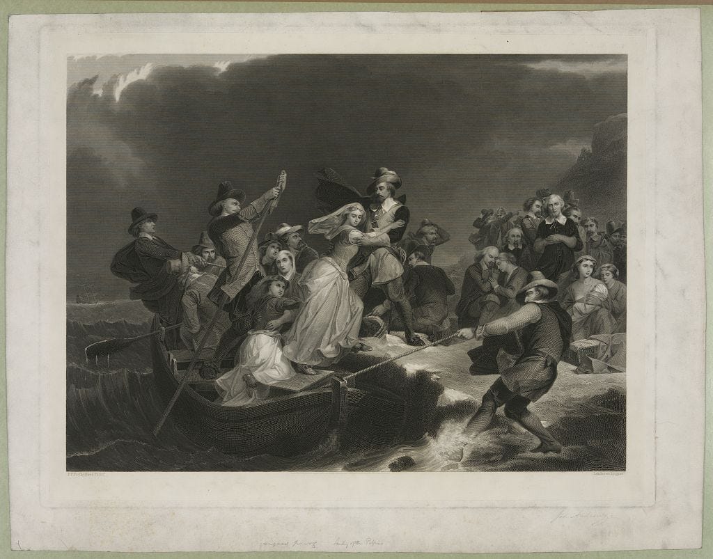 Print showing a pilgrim woman being helped ashore from a small boat held against a rock by men with ropes at Plymouth Rock
