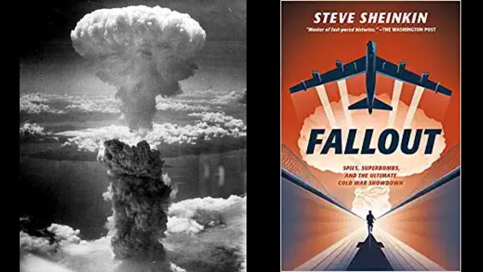 Image of nuclear weapon explosion and Fallout book cover.