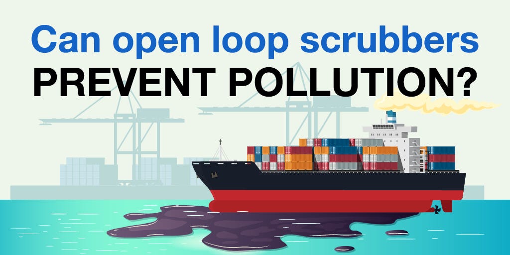container cargo ship at sea emitting air and water pollution, open loop system concept