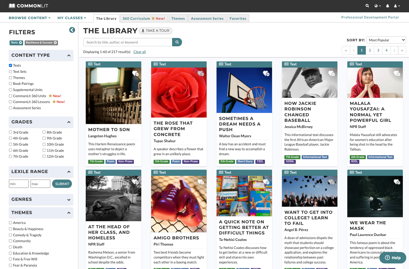 CommonLit's library filtered for texts about the theme "Resilience and Success."