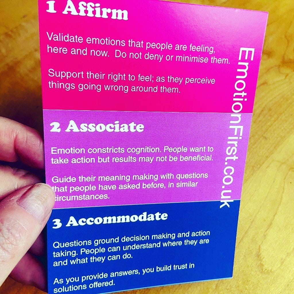Emotion first postcard with 3 sections — Affirm, Associate and Accommodate