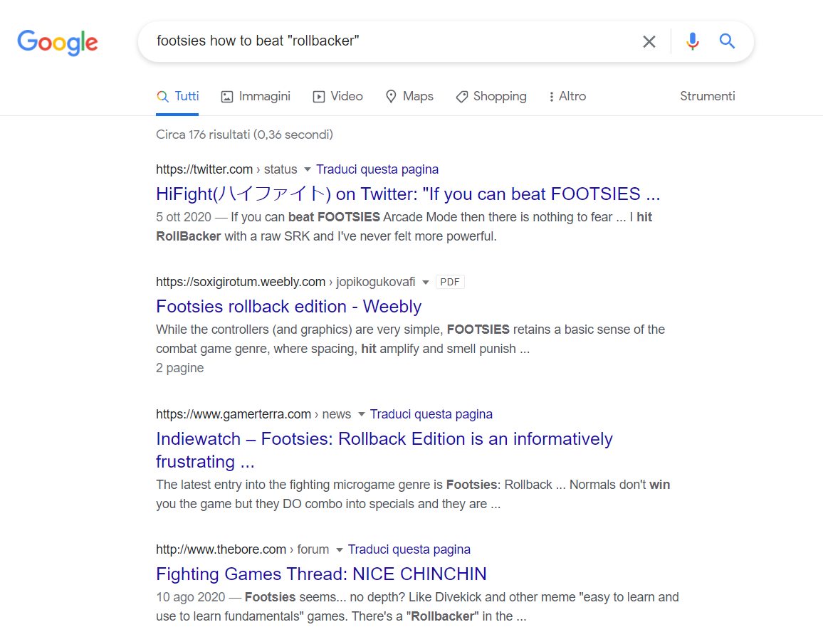 A screenshot of Google Search with the prompt “FOOTSIES how to beat Rollbacker” and the results of the first page.