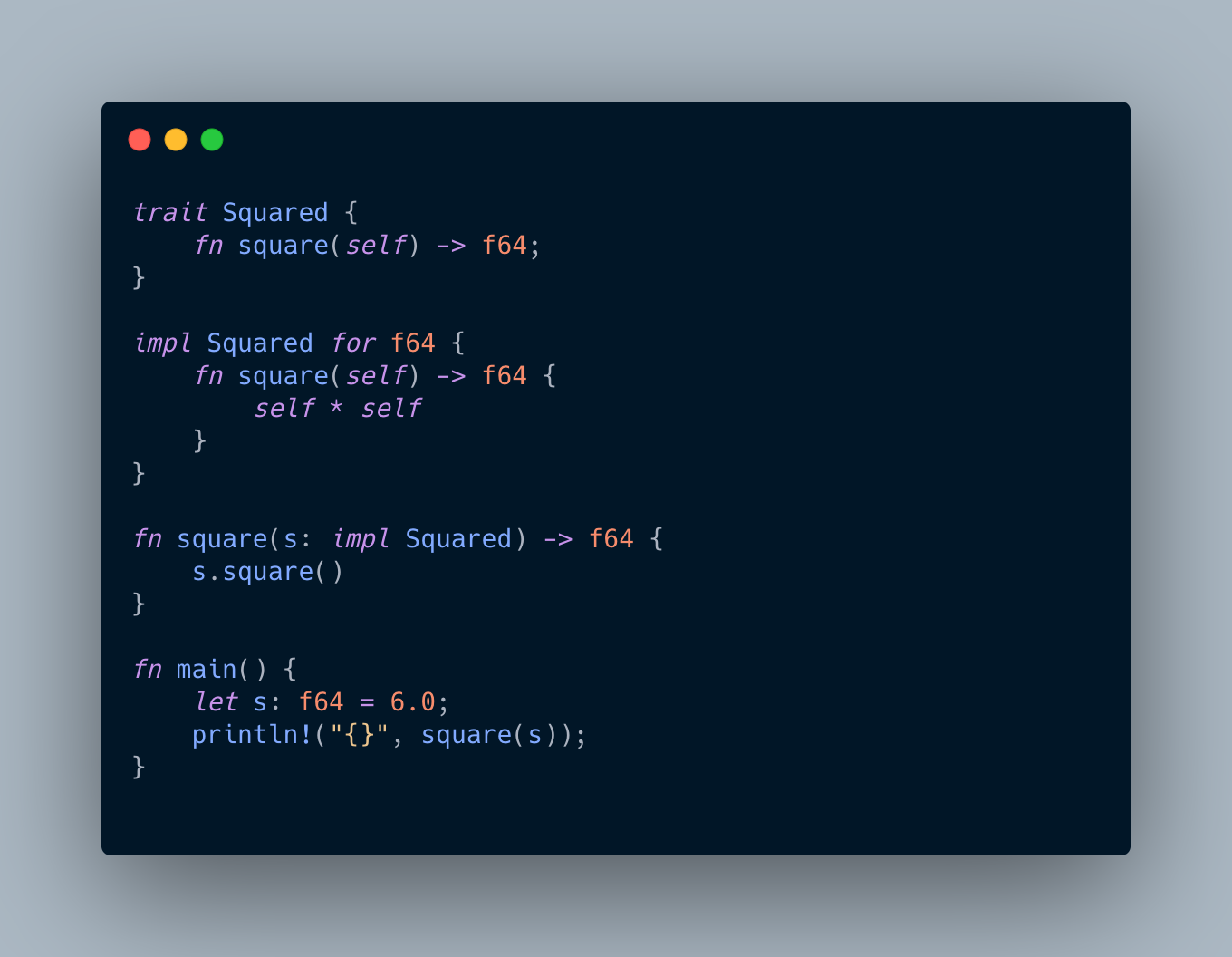 A snippet of Rust code defining a “Squared” trait and implementing a “square” method on the “f64” type.