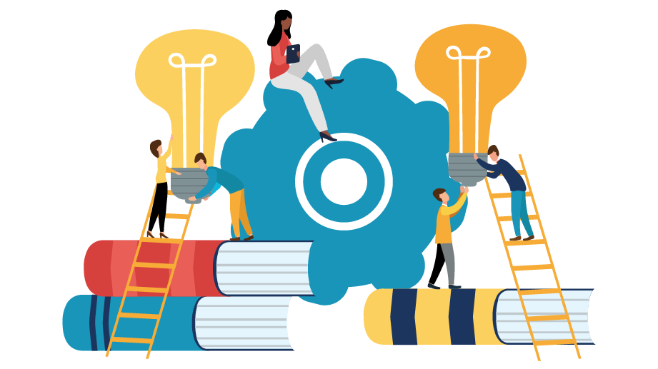 Illustration of several people lifting large light bulbs on top of oversized books, to symbolize learning and ideas.