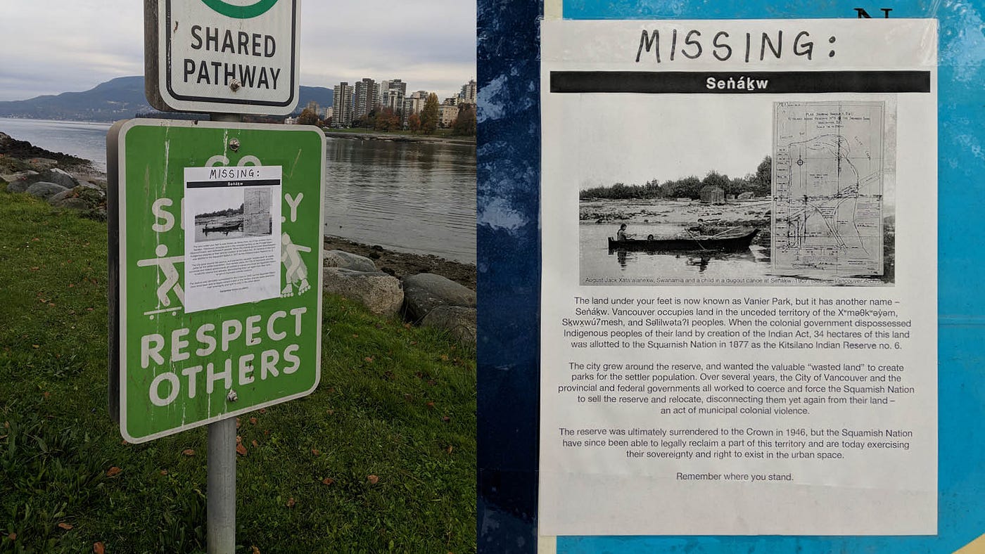 Letter-sized posters that say “Missing: Senakw” with colonial history taped on existing signage in Vanier Park.
