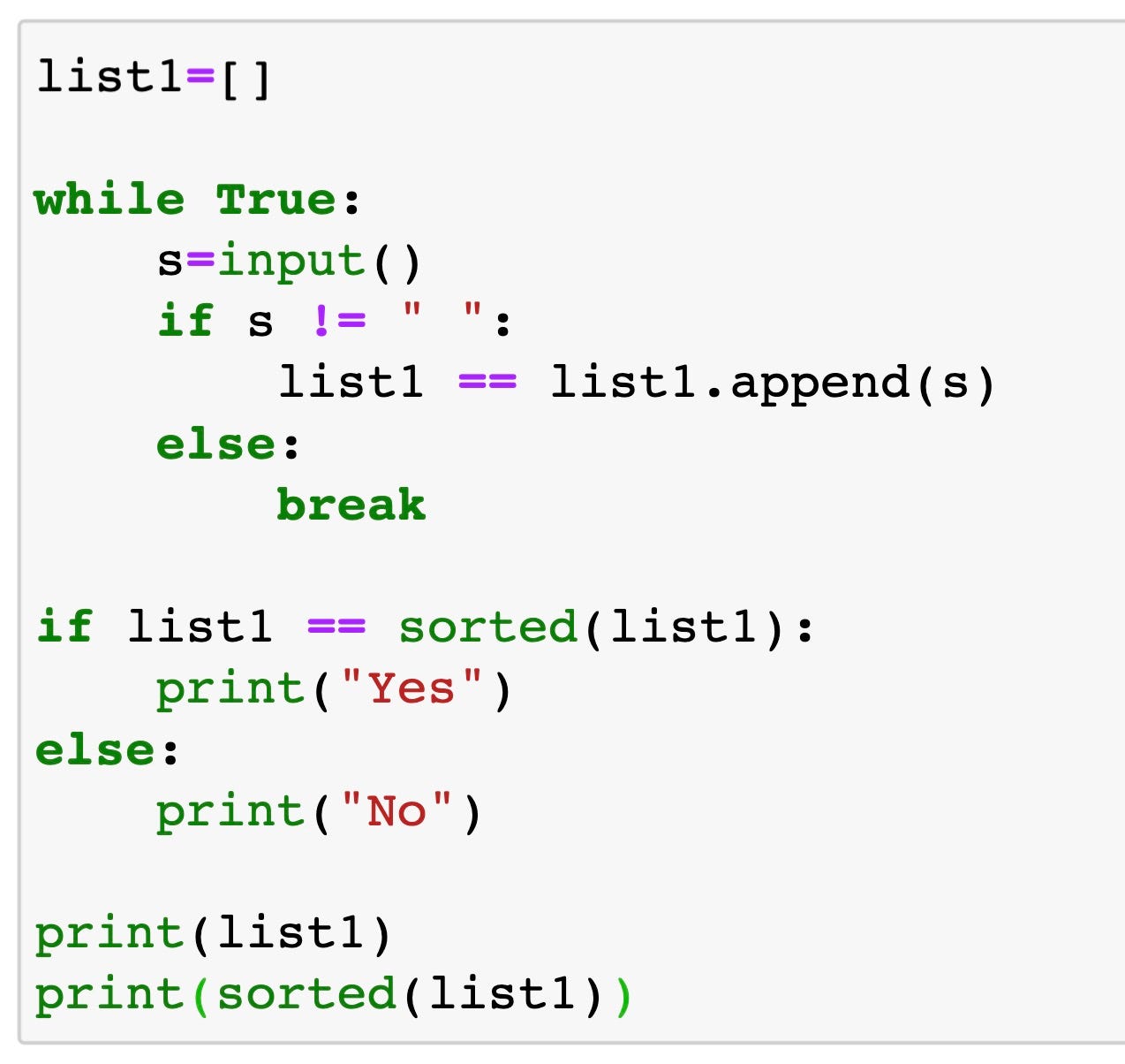 Python list, sorted, and append 應用。利用python來判斷所有input單字是否有按照字典排序。 by