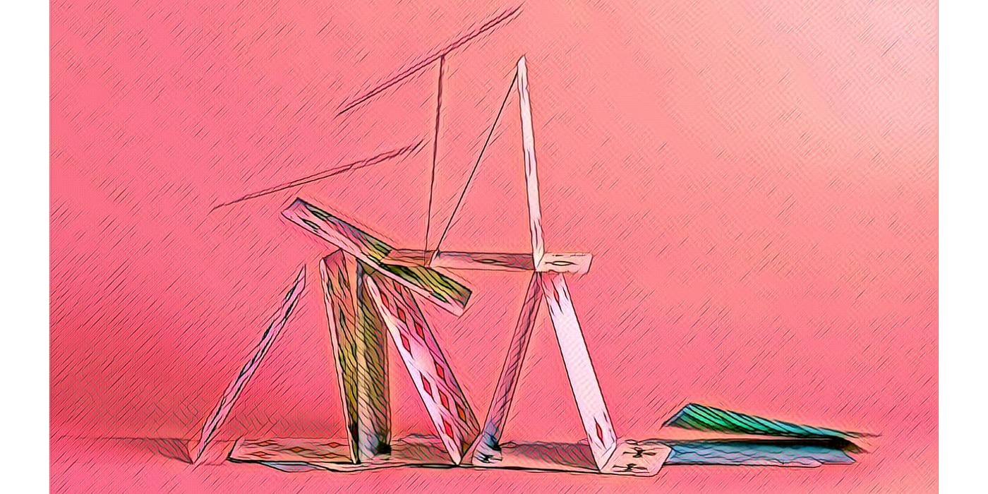 Illustration of a house of cards falling apart against a pink abstract background