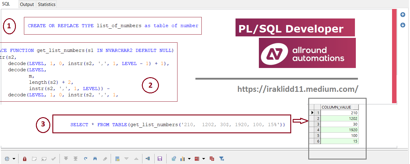 Get list of numbers from string (Oracle PL/SQL) - with Pipelined table  function - Irakli DD - Medium