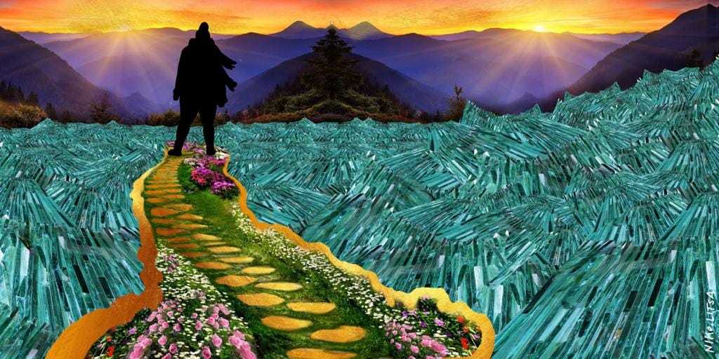 Shadow of a person standing on a grass & flowered lined path gold steps in a sea of blue glass with purple mountains & sunris