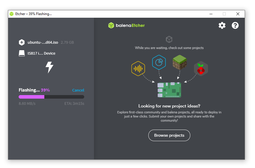 screenshot of the process of flashing Ubuntu onto an external USB stick