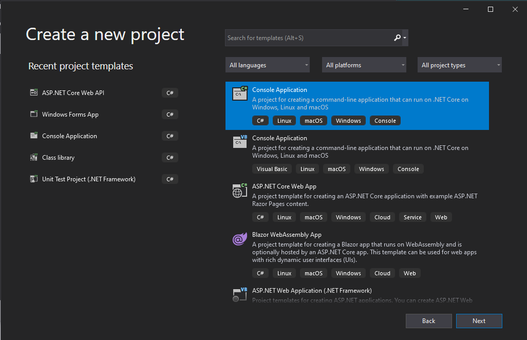 Create new project as Console Application