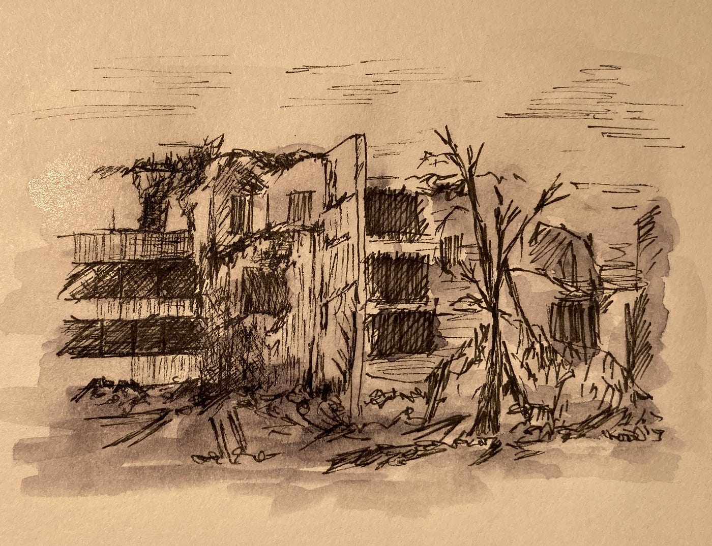 Sketch of bombed out apartment building and dead tree in Ukraine