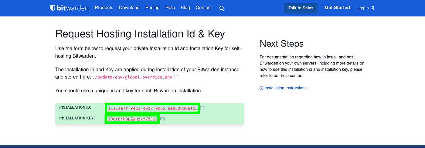 Copy bitwarden installation ID and Key