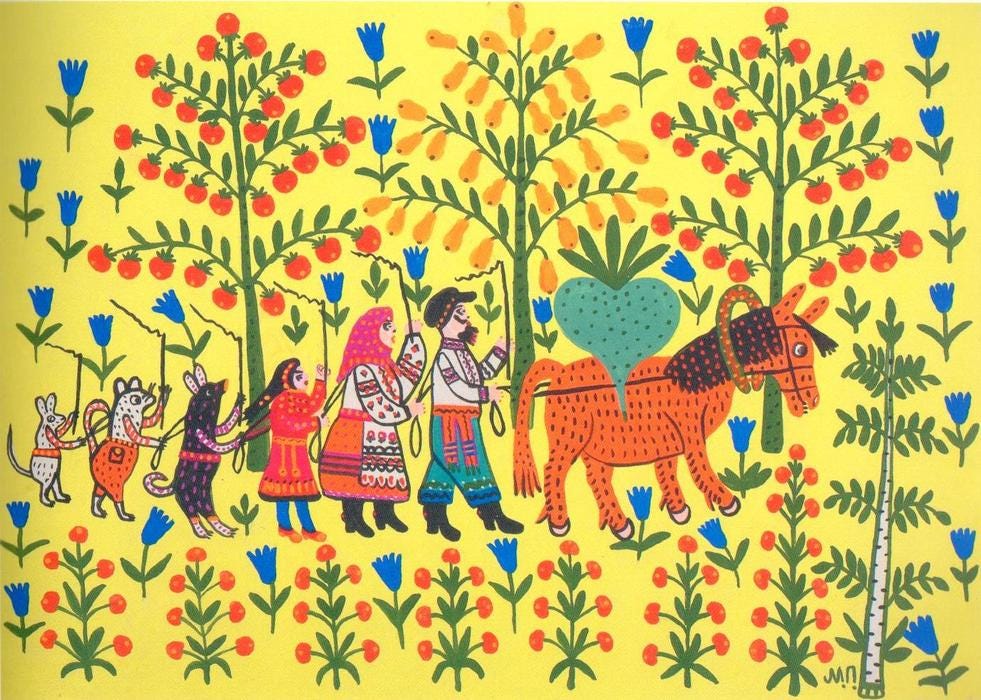Classic folkart depicting the story “The Turnip” about how a turnip was pulled by a farmer, his wife, their child, their dog, their cat and a mouse to finally get it out of the ground.