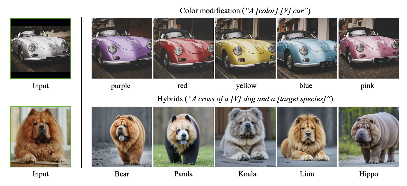 DreamBooth example results with photos of cars and dogs as a demonstration of AI capability