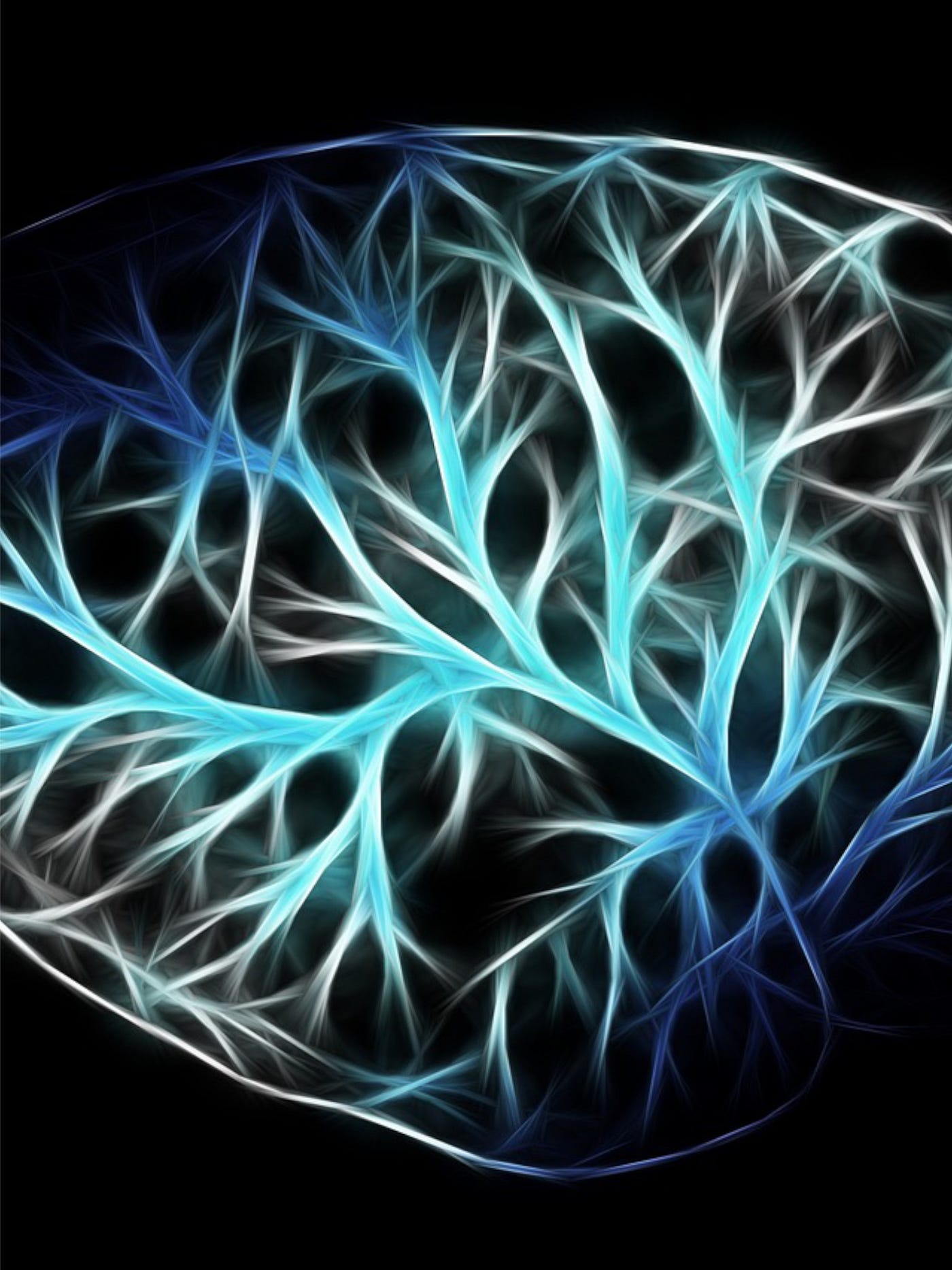 Color photo of a simulated brain with nerve endings in hues of blue, green and hints of white.