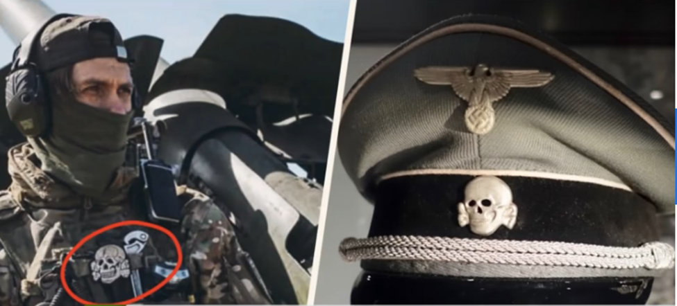 Left: Zelensky in fatigues, Right: SS officer’s hat. Photo: RT