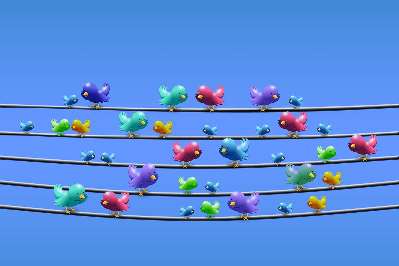 Multicolored, large and small, cartoonish Twitter-birds appear to be conversing as they perch on five grey wires against a blue sky background.