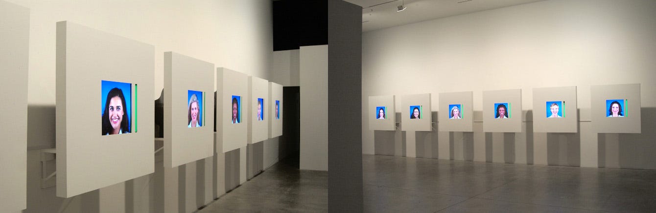 Row of screens in a gallery showing one woman per screen with a blue background and green status bar of varying height.