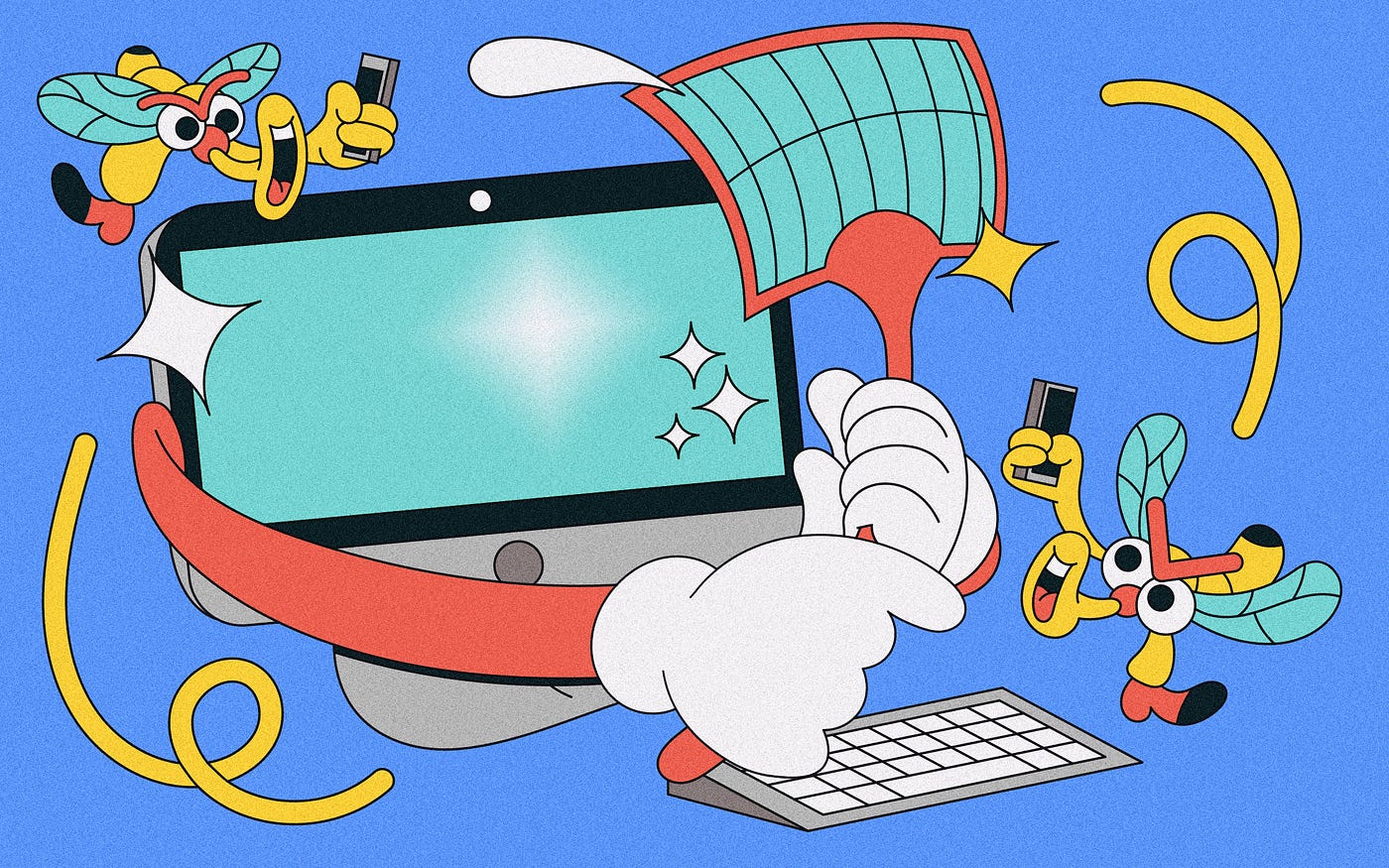 An illustration of a computer with arms trying to swat away flies, who represent annoying customers.