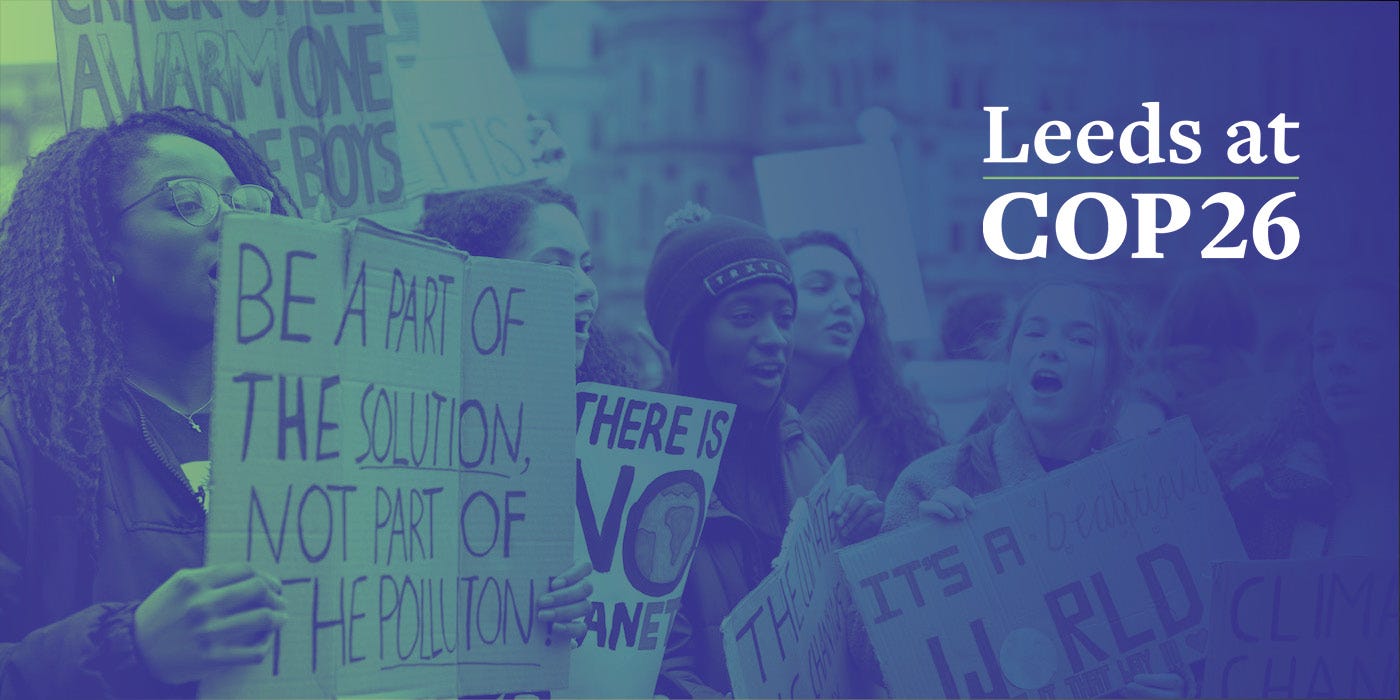 Fridays for Future climate protest image overlaid with text saying Leeds at COP26