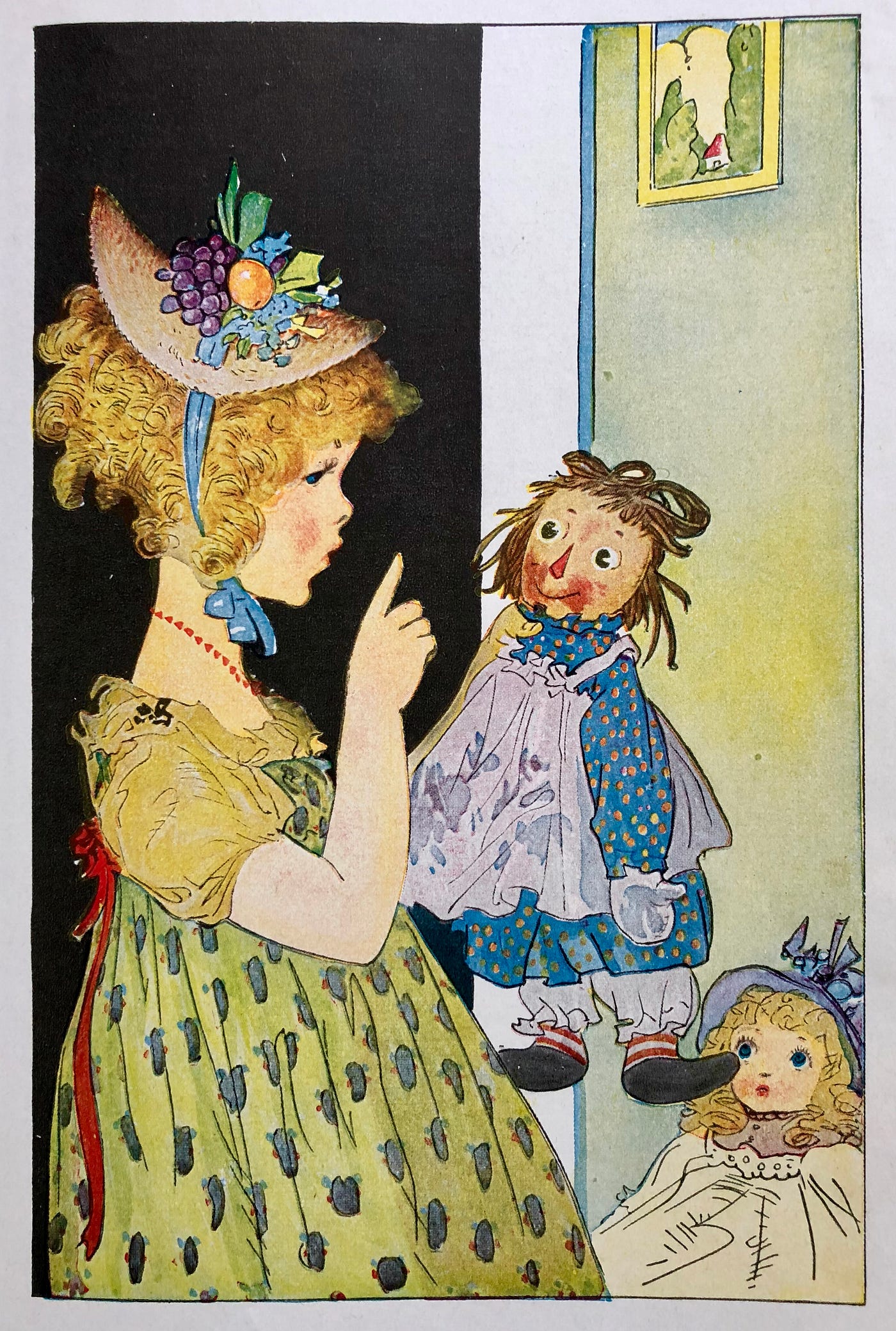 A little girl chastises her dirty-faced Raggedy Ann doll.