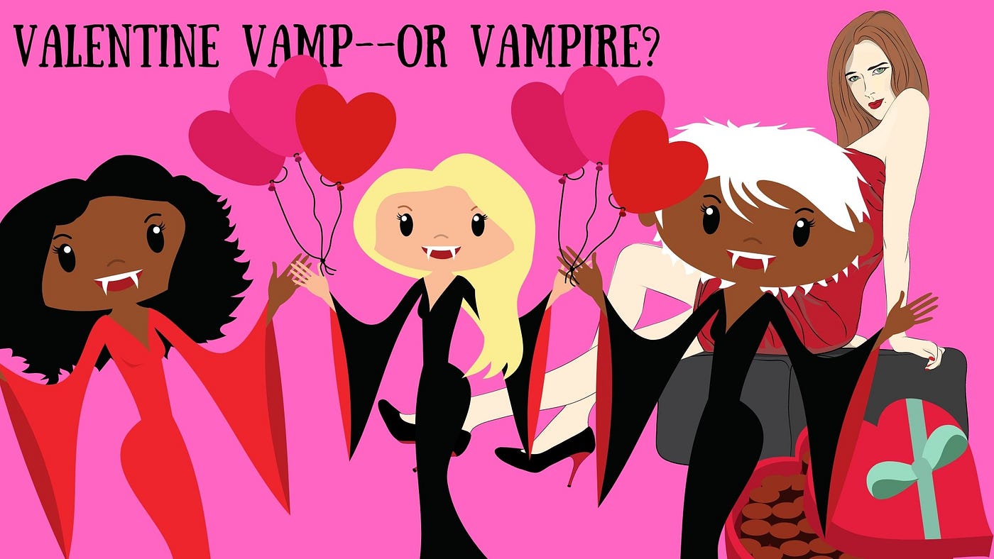 Collaged graphic image of vampy lady sitting on ottoman behind three vampires very cartoonish, holding boquets of heart balloons