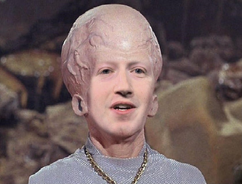 A ‘big brain’ Talosian alien from ‘The Cage,’ the 1965 pilot for Star Trek: the original series; the alien’s face has been replaced with Mark Zuckerberg’s. Image: Anthony Quintano (modified) https://commons.wikimedia.org/wiki/File:Mark_Zuckerberg_F8_2019_Keynote_(32830578717).jpg CC BY 2.0: https://creativecommons.org/licenses/by/2.0/deed.en Star Trek/Paramount (modified): https://www.paramountplus.com/shows/star_trek/