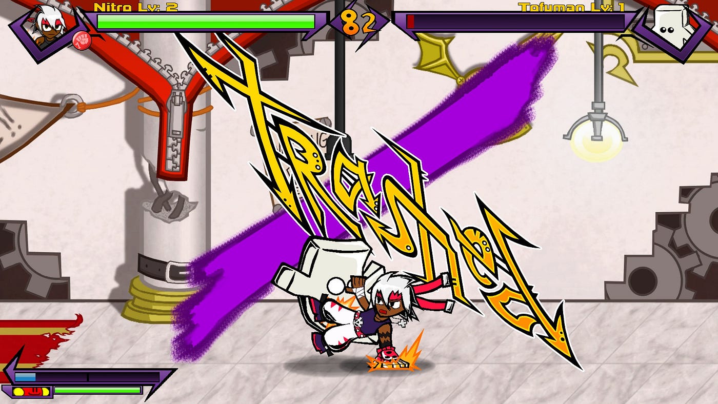 Beatdown Dungeon's de facto protagonist, Nitro, hitting and KOing a walking cartoon-ish tofuman.