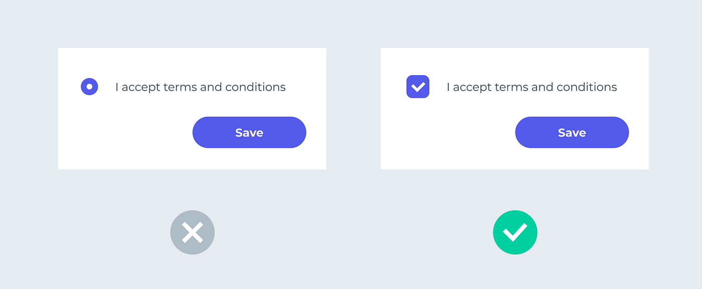 Different usage of a radio button and a checkbox.