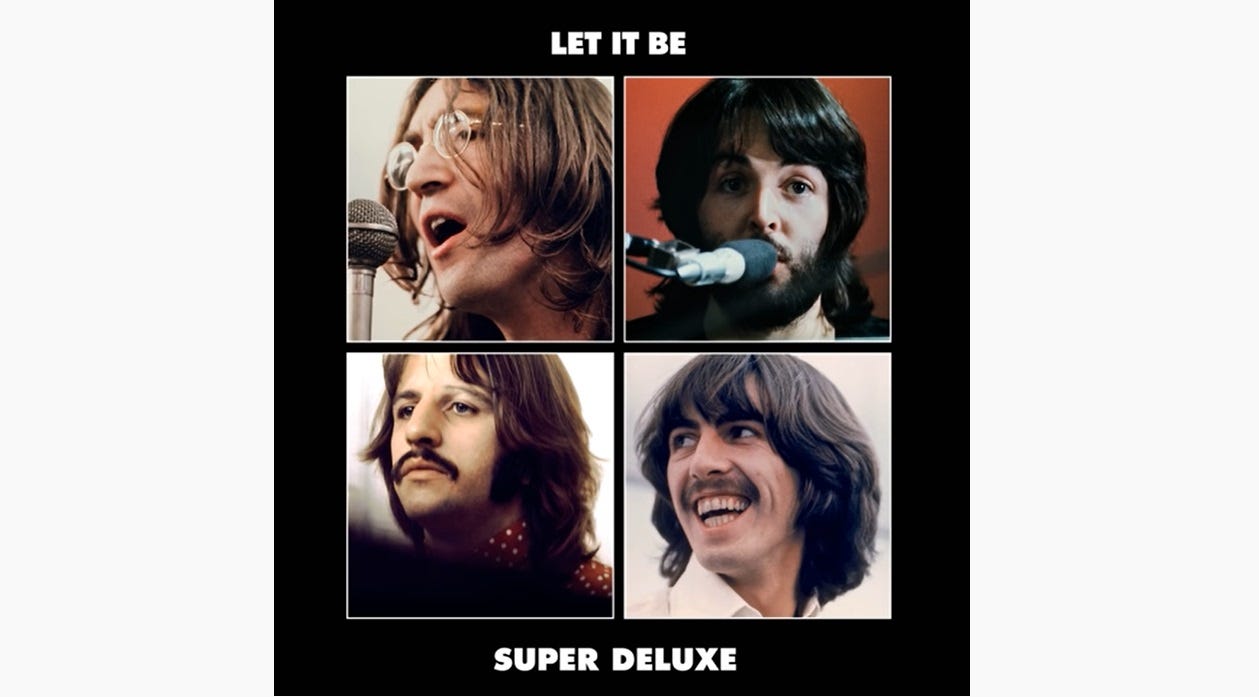 Let it Be by The Beatles new Super Deluxe mix cover showing Fab Four members photos within a black frame.