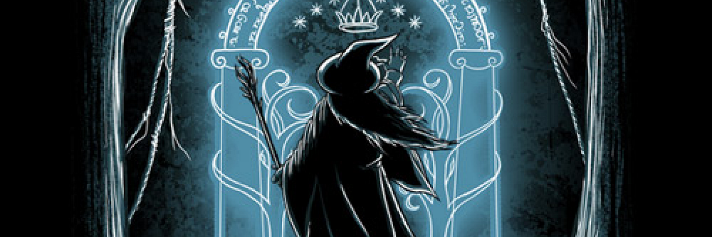 Gandalf opening the mines of Moria using mellon, the elvish word for friend