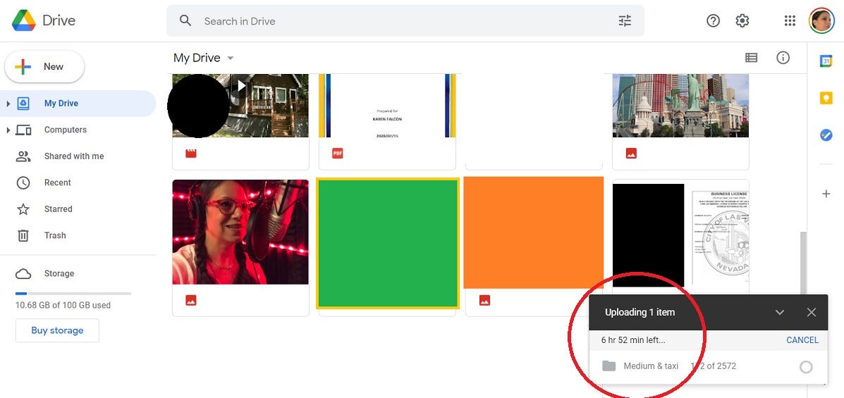 Screengrab of my google drive and uploading files. Six hours remaining.