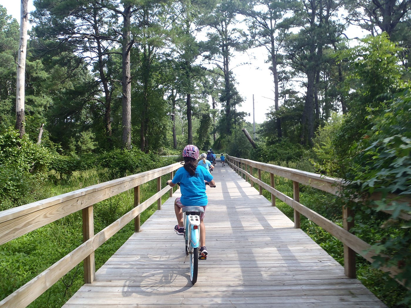 several children on bikes ride over a wooden boardwalk through the woods