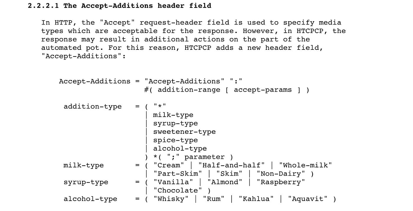 From the Annals of the HTCPCP and HTTP status 418 by Ian