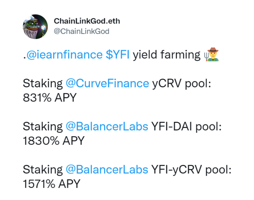 Diagram 3: APY of $YFI yield farming in 2020 (Source: Twitter)