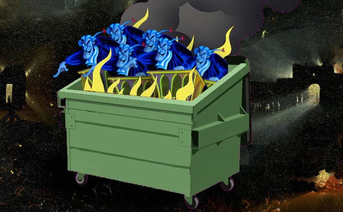 A flaming dumpster set in a hellscape excerpted from Bosch’s ‘Garden of Earthly Delights,’ filled with bewigged judges in robes, all pointing angry fingers. Image: EFF (modified) https://www.flickr.com/photos/electronicfrontierfoundation/50617066023 Cory Doctorow (modified) https://www.flickr.com/photos/doctorow/52089982616/ CC BY-SA 2.0 https://creativecommons.org/licenses/by-sa/2.0/