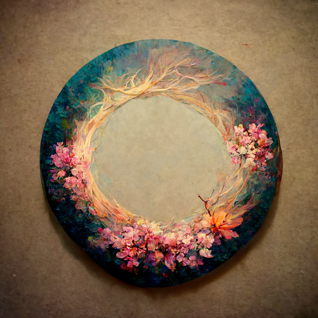 A circular art canvas hangs on a nondescript brown wall. The outer edge of the circle is a mix of painterly dark blues and blacks, while the inner edge has white willow-like branches forming a circle, with pink and orange flowers blossoming from the bottom half.