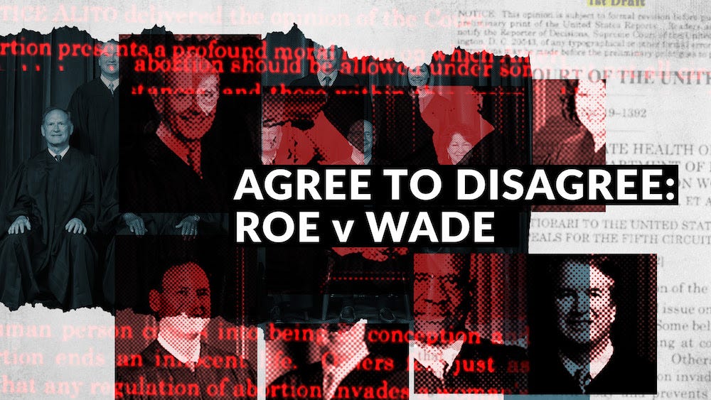 Graphic with SCOTUS photos with Roe v Wade lettering