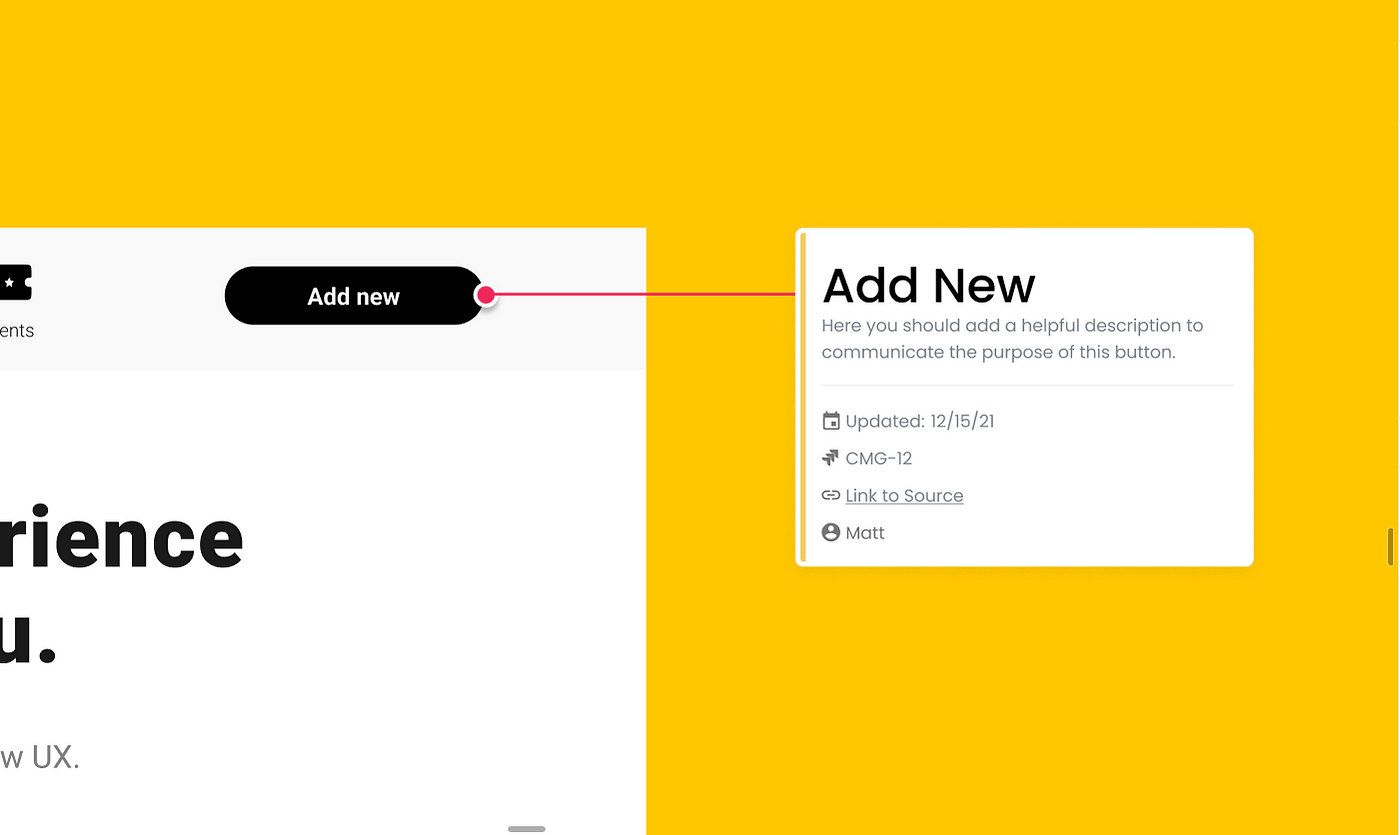 A screenshot from Figma that shows part of the mockup with a note. On the note, you may see the title, description and important links like the Jira task ID, date of change and who is the creator of a note.