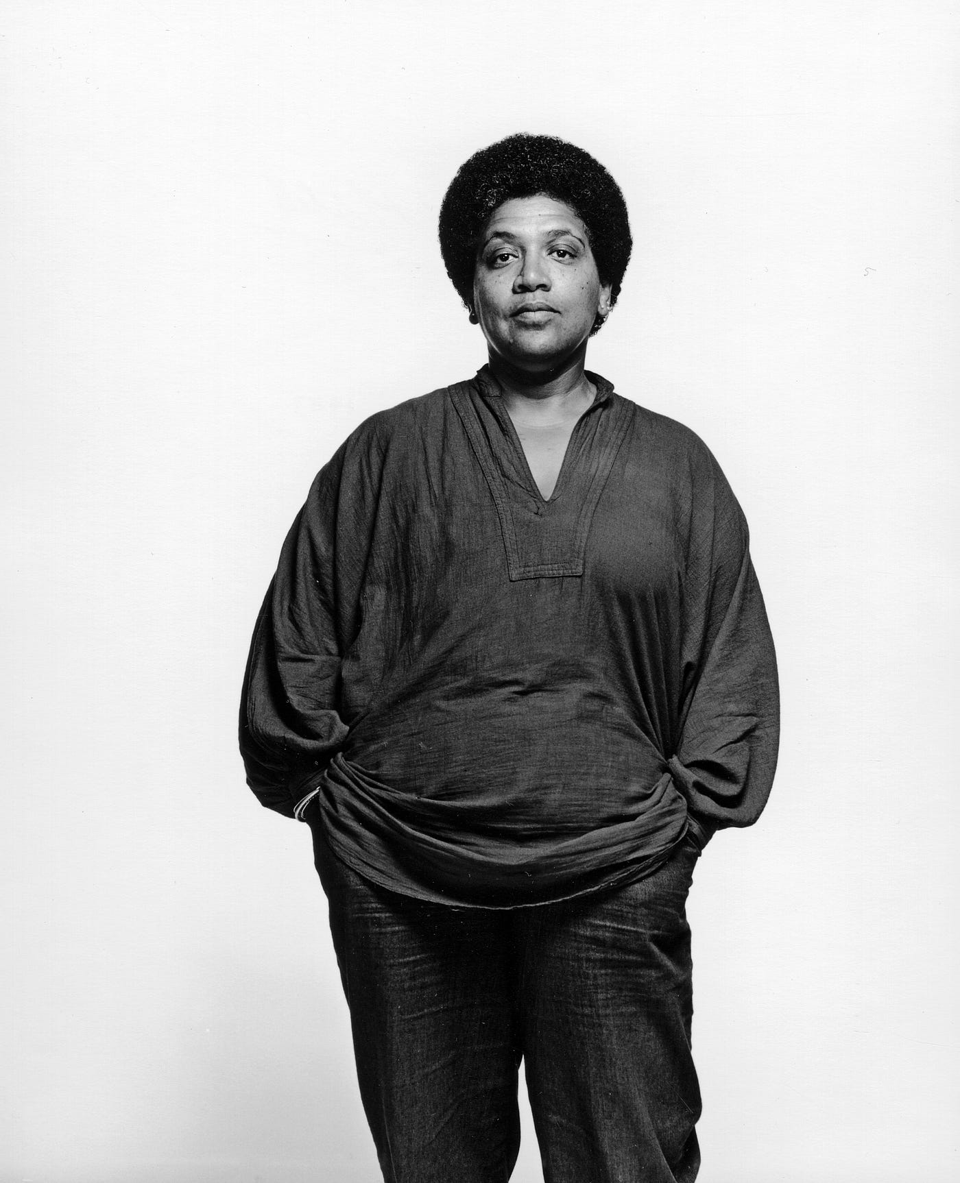 Black and white photo of Audre Lorde in 1983.