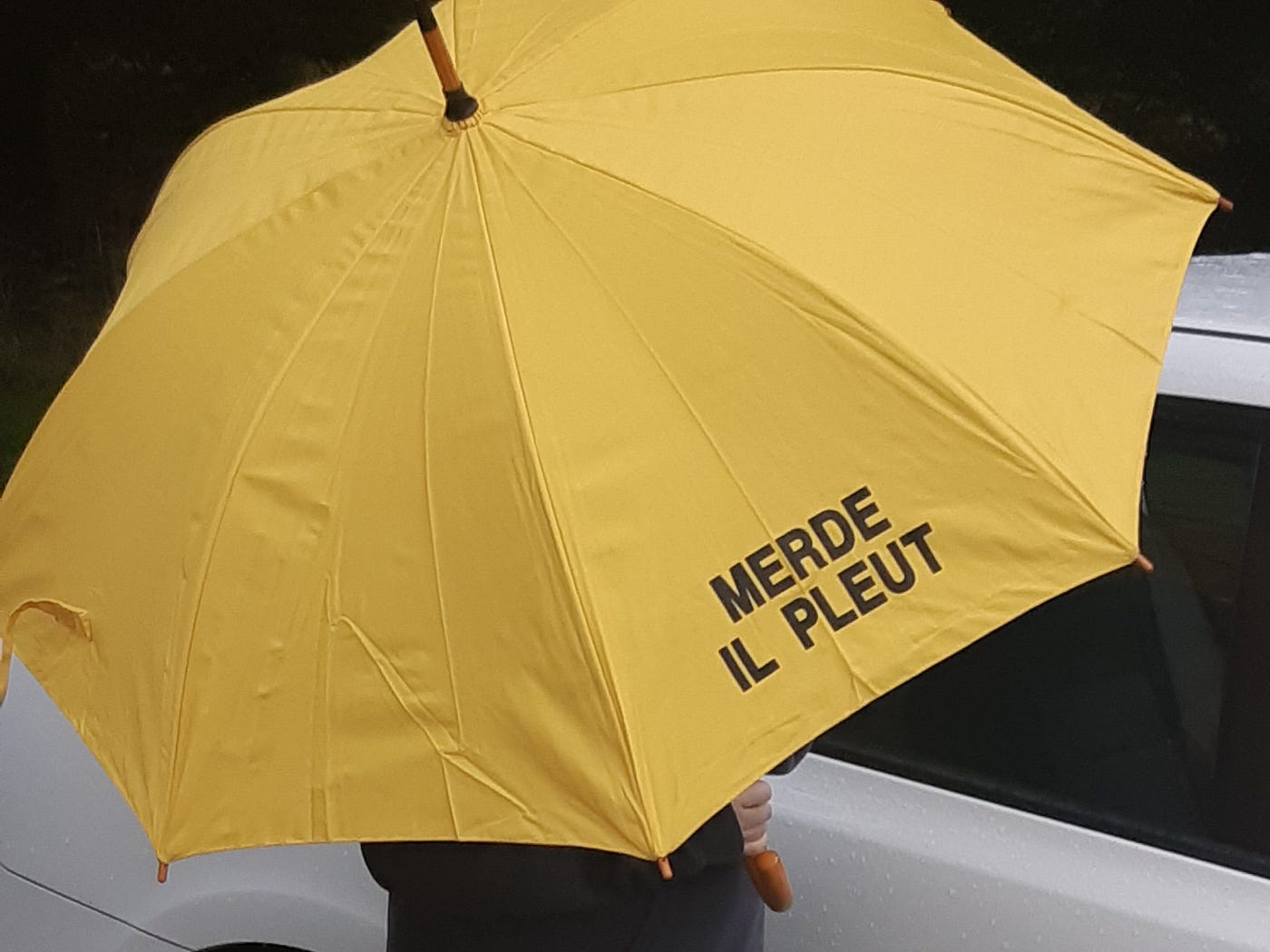 Image shows a large yellow umbrella with the words ‘Merde il pleut’ (shit, it’s raining) on it.