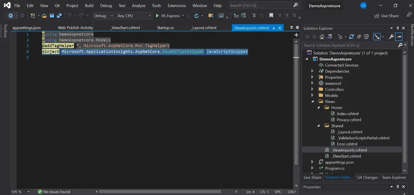 _ViewImports.cshtml com a instrução acima no Visual Studio 2019