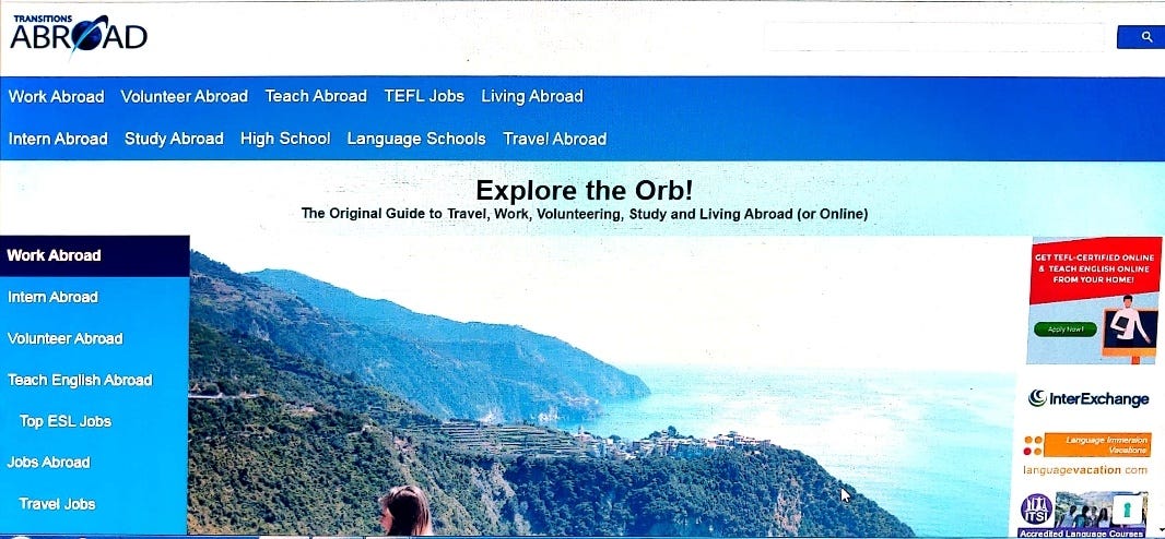screenshot of Transitions Abroad home page