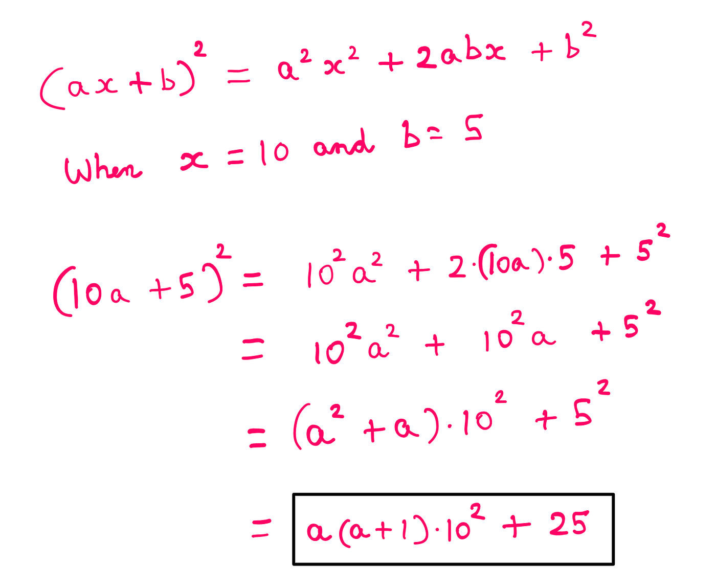 How To Mentally Square Any Number Ending In 5? Algebraic proof: (ax + b)² = a² x² + 2abx + b²; When x = 10 and b = 5, (10a + 5)² = 1⁰²a² + 2*(10a)*5 + ⁵² = (a² + a)*1⁰² + ⁵² = a*(a+1)*1⁰² + 25