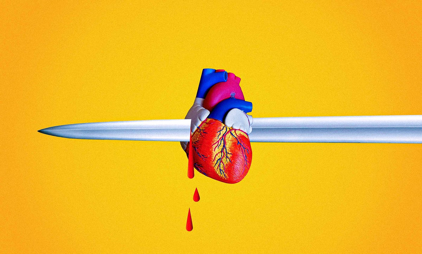 An anatomically correct heart stabbed in the middle by a sword.